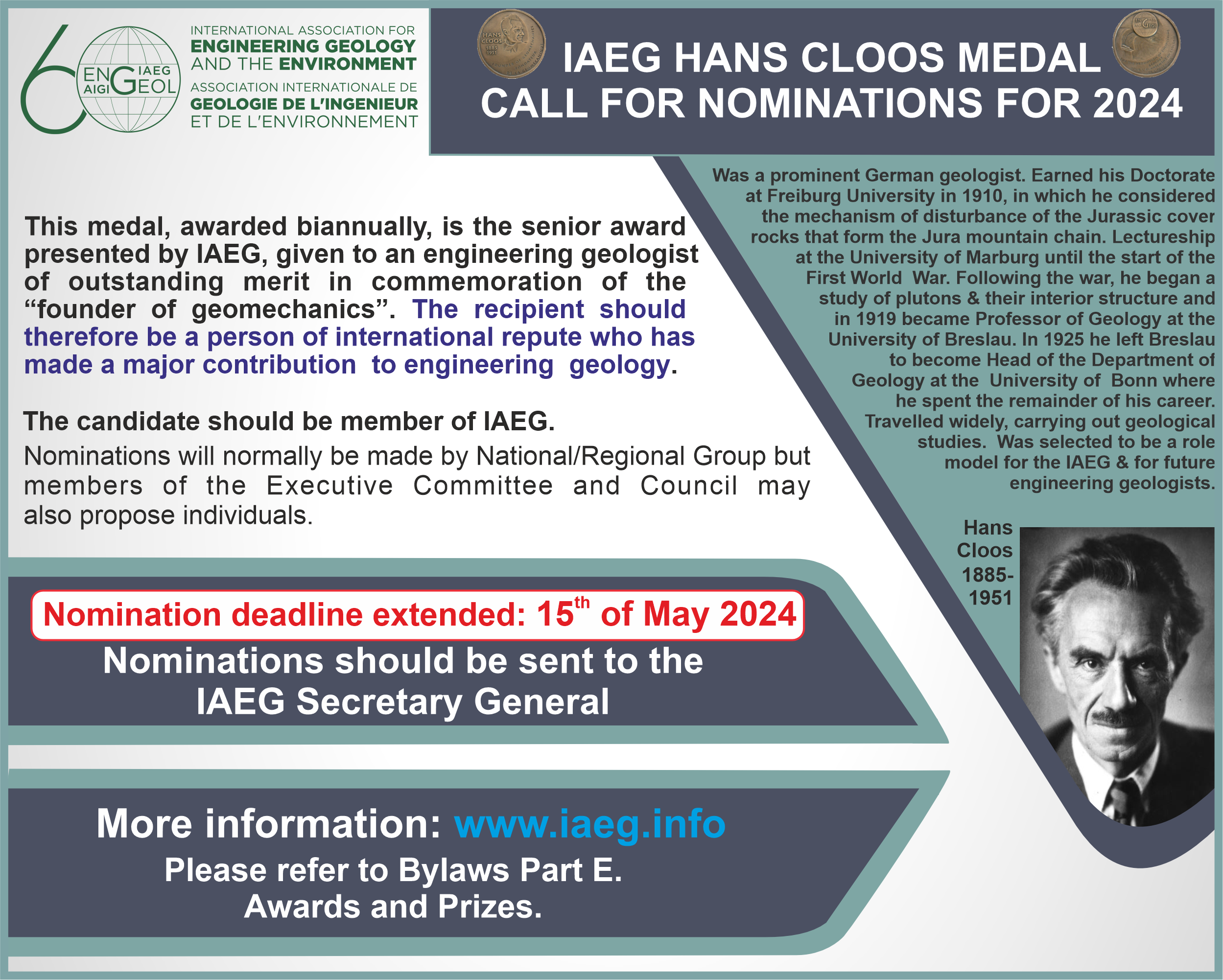 CALL FOR NOMINATIONS OF IAEG HANS CLOOS MEDAL 2024