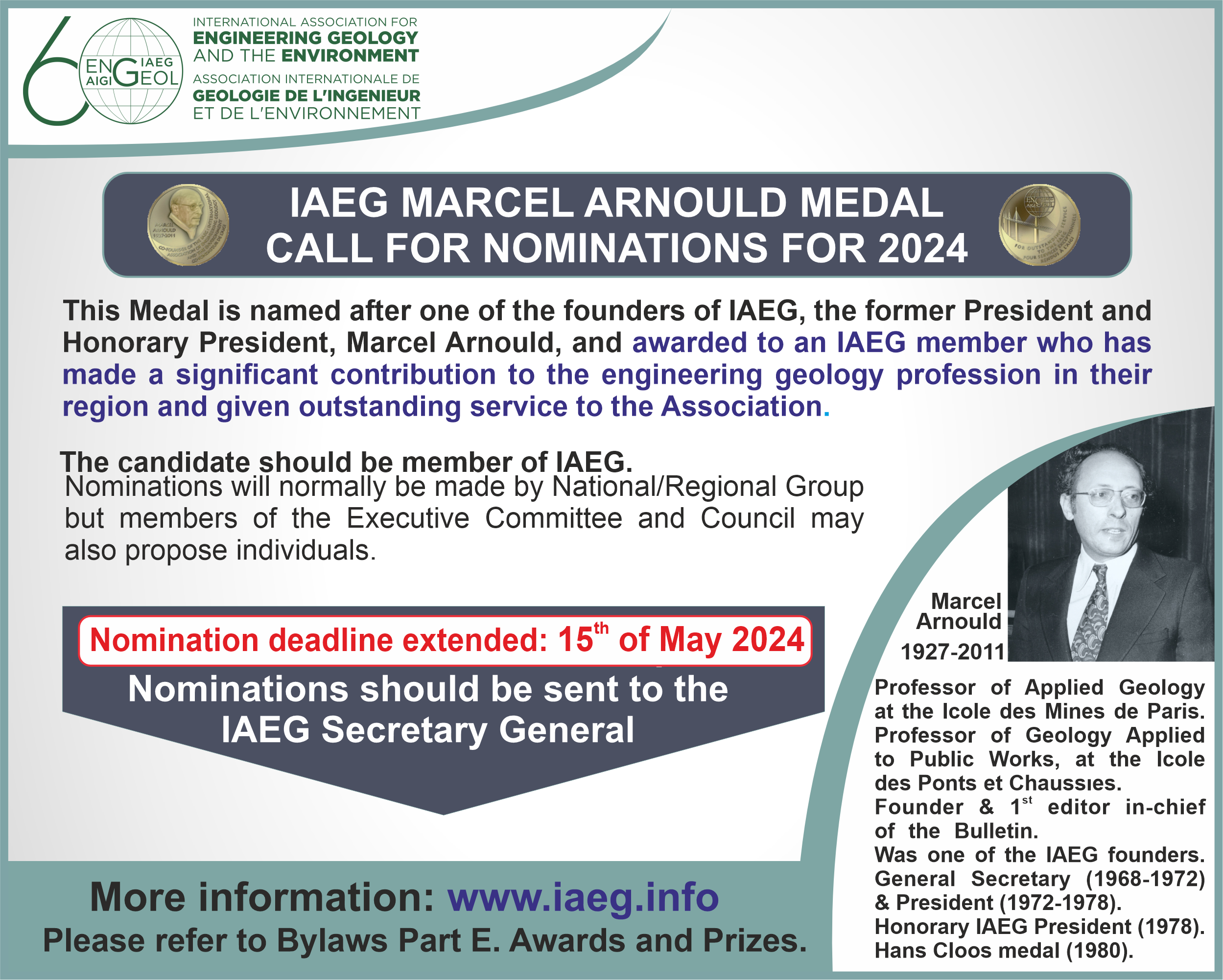 CALL FOR NOMINATIONS OF IAEG MARCEL ARNOULD MEDAL 2024